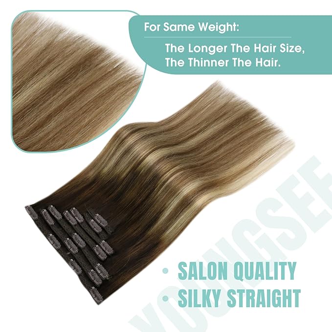YoungSee Balayage Clip in Hair Extensions Real Human Hair Chocolate Brown Roots to Medium Brown with Blonde Ombre Clip in Extensions Human Hair Clip ins for Women 14inch 120g