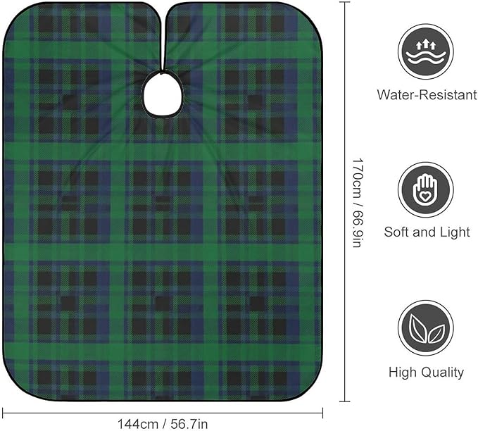 Full Coverage Professional Salon Cutting Barber Hairdressing Cape, Dyeing Salon Apron Green Scottish Tartan Plaid Check Hair Cutting Cloak for Hair Cutting Styling