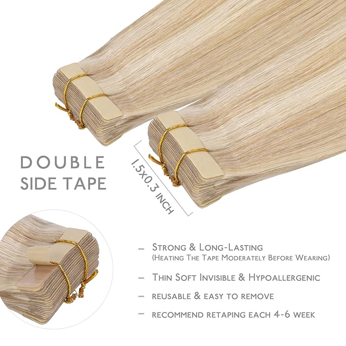 WENNALIFE Tape in Hair Extensions Human Hair, 20pcs 40g 12 inch Dirty Blonde Highlighted Bleach Blonde Remy Hair Extensions Straight Human Hair Tape in Extensions Skin Weft Extensions Hair