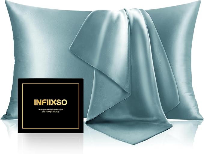 INFIIXSO Mulberry Silk Pillow Cases King Size Set of 2, Silk Pillowcase with Hidden Zipper 20"x36", Extraordinary Smooth and Soft Pillow Case for Hair and Skin(Haze Blue, 2 Pack)