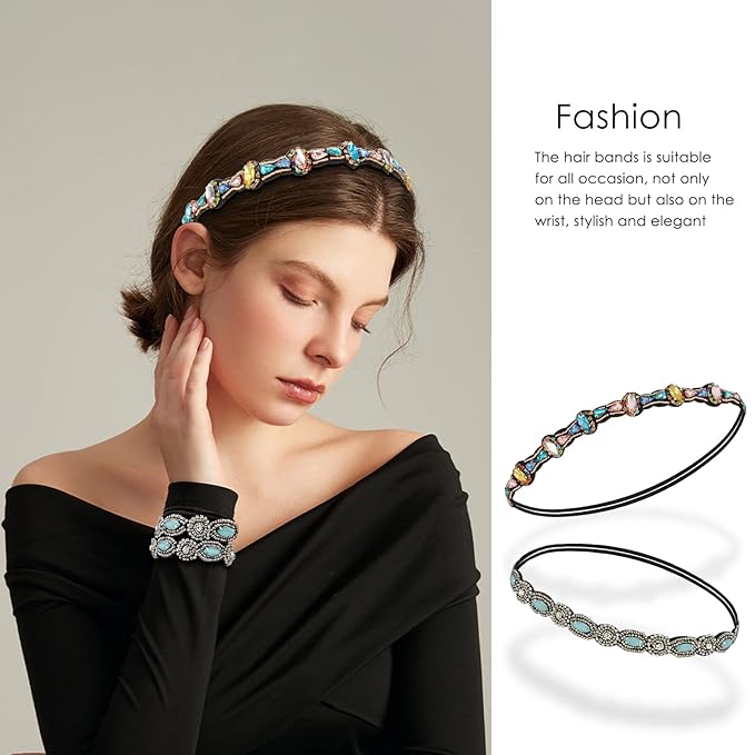 AMCAMI Rhinestone Crystal Beaded Hairbands 5 Pack - Elastic Hippie Hair Accessories for Women and Girls