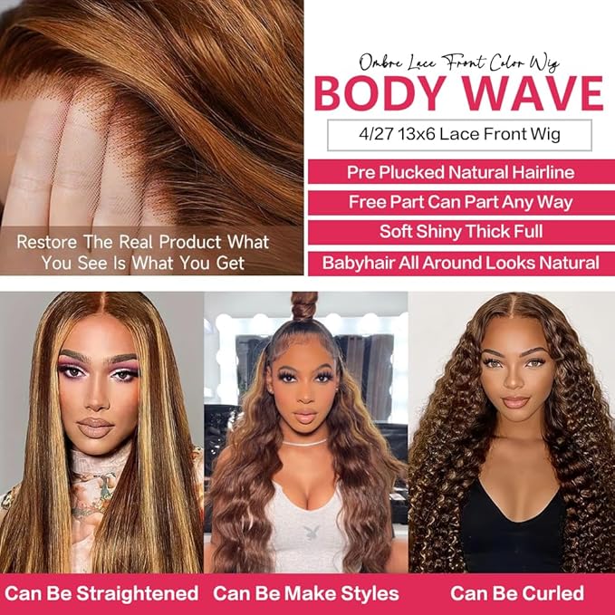 Highlight Ombre 13x6 Lace Front Body Wave Wigs Human Hair Pre Plucked 4/27Honey Blonde HD Transparent 13x6 Body Wave Frontal Wigs With Baby Hair 32Inch