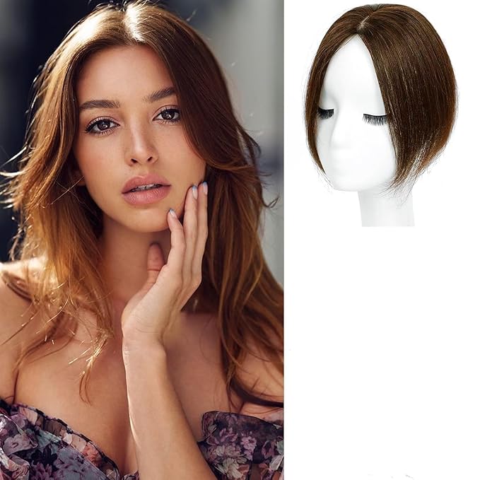 Amchoice Hair Toppers for Women Real Human Hair, Bangs Hair Clip 360° 3D Cover Bangs, Human Hair Toppers for Women Daily(Light Brown, 3D Side Bangss (5 * 9))