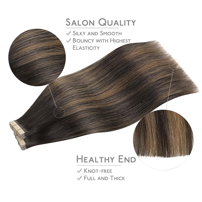 WENNALIFE Tape in Hair Extensions Human Hair, 40pcs 100g 16 inch Balayage Dark Brown Mixed Chestnut Brown Remy Hair Straight