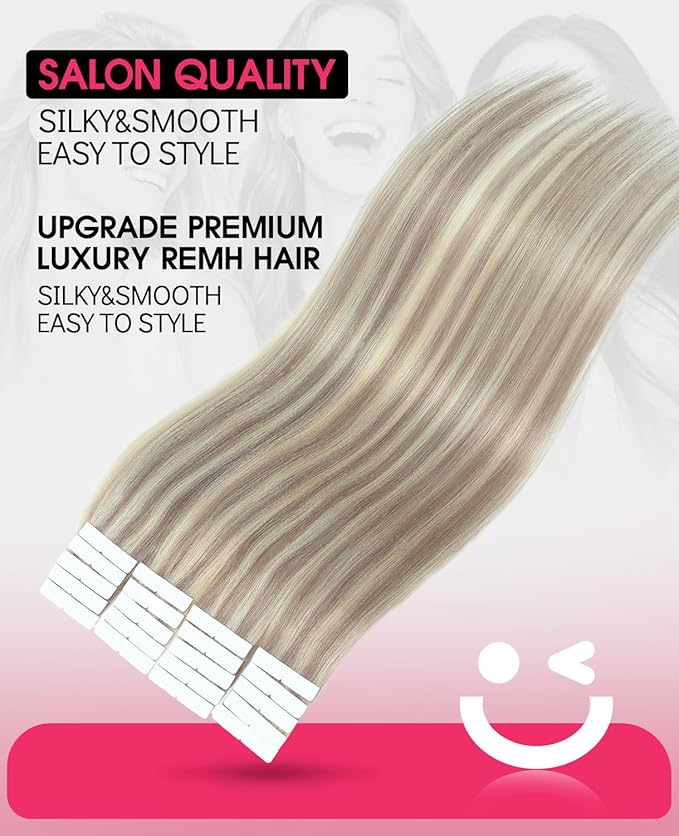 Youngsmile Injection Tape in Hair Extensions Human Hair #18P613 Ash Blonde with Bleach Blonde Real Human Hair 20pcs 50g 22 Inch Injected Tape in Hair Extensions Seamless Tape ins (#18P613,22'')