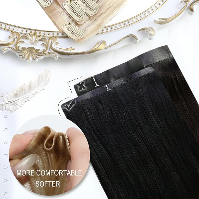 Moresoo Invisible Clip in Hair Extensions Silver Black Balayage Human Hair Clip in Extensions Black to Silver Grey Ombre Hair Extensions Clip in 18in 7pcs 120g