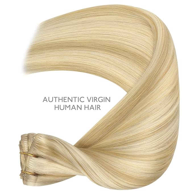WENNALIFE Clip in Hair Extensions Real Human Hair, 12 Inch 80g 7pcs Remy Hair, Light Blonde Highlighted Golden Blonde Straight Natural Extensiones De Cabello Humano Con Clip Ins