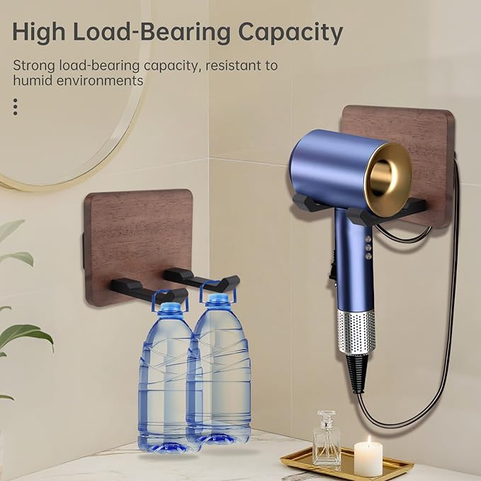 Wall Mounted Hair Dryer Holder, 4.7 * 3.7 Inch Square Shape Walnut Wood Shelf Aluminum Hairdryer Holder,Bathroom Hair Dryer Stand Drill Install (Square Shape Walnut Wood, 1)