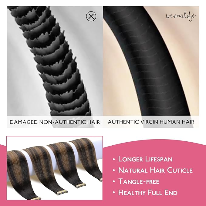 WENNALIFE Tape in Hair Extensions Human Hair Balayage Dark Brown Mixed Chestnut Brown Tape in Extensions, 10pcs 30g 22 inch Remy Invisible Tape Ins Straight Soft Real Human Hair Tape in Extensions