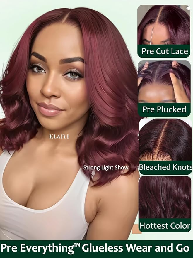 KLAIYI Black Cherry Bob Loose Body Wave Precut 7x5 HD Lace Front Wigs Human Hair Glueless Bye Bye Knots Drawstring Red Burgundy Wig with Curtian Bang Pre Plucked Bleached Ready to Put On And Go 12Inch