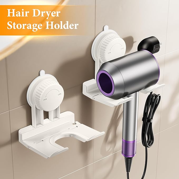 Universal Suction Cup Blow Dryer Holder,Hairdryer Holder For Bathroom Wall Mount,With Plug&Cord Organizer.Strong And Stable，Easy Installation Ideal for Bathroom And Cabinet Door(White)