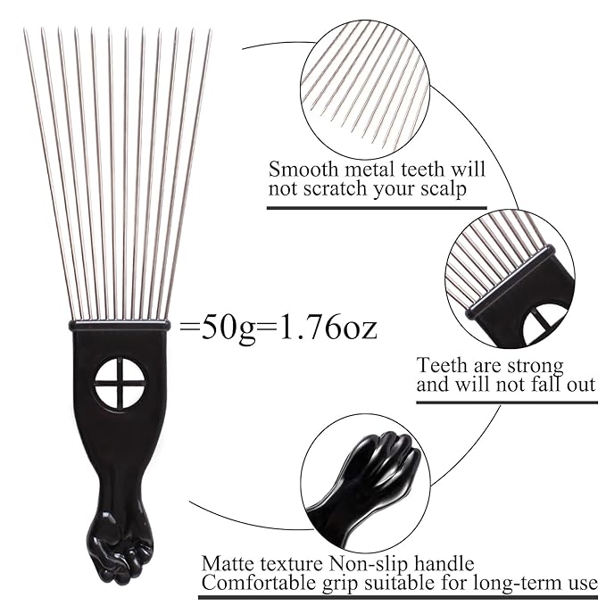 COOKOO 2 Pack Metal Afro Hair Styling Combs Curly Hair Styling Wide Tooth Afro Pick Hairdressing Styling Tool Classic Black Handle Design for Women and Men