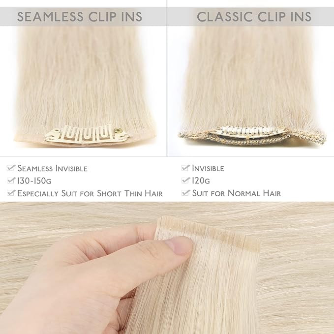 WENNALIFE Seamless Clip In Hair Extensions Human Hair, 14 Inch 130g 7pcs Platinum Blonde Real Hair Extensions Clip in Human Hair Invisible PU Skin Weft Natural Remy Human Hair Extensions