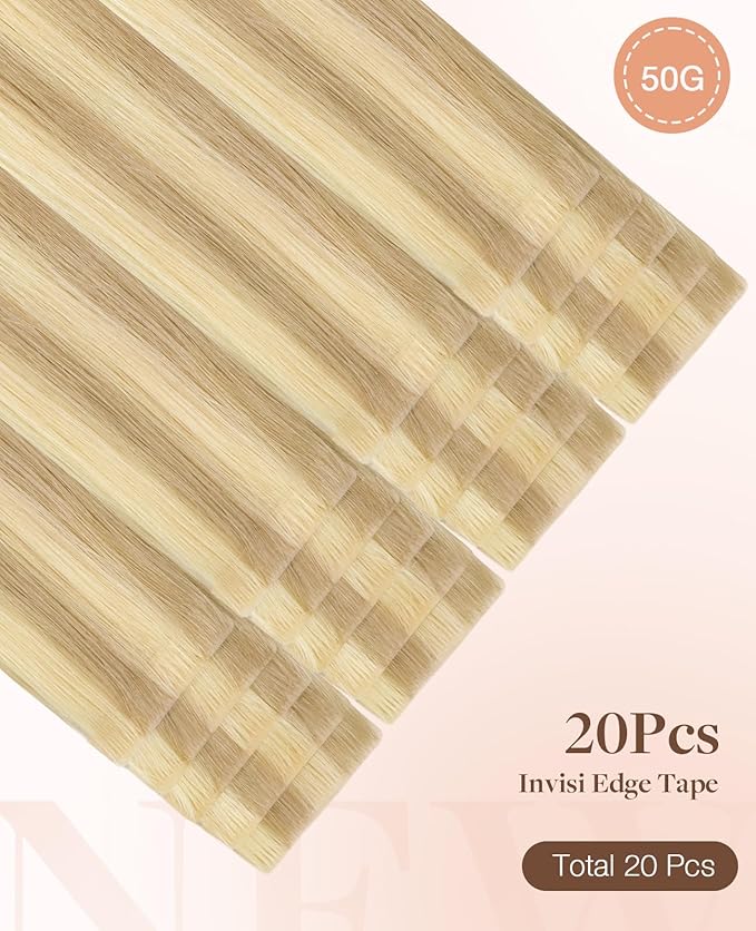 GOO GOO Invisi Edge Tape in Hair Extensions Human Hair, 18D/22F Dirty Blonde Highlights 20pcs 22inch 50g, Virgin Remy Hair, Seamless Injected Tape, Natural Look