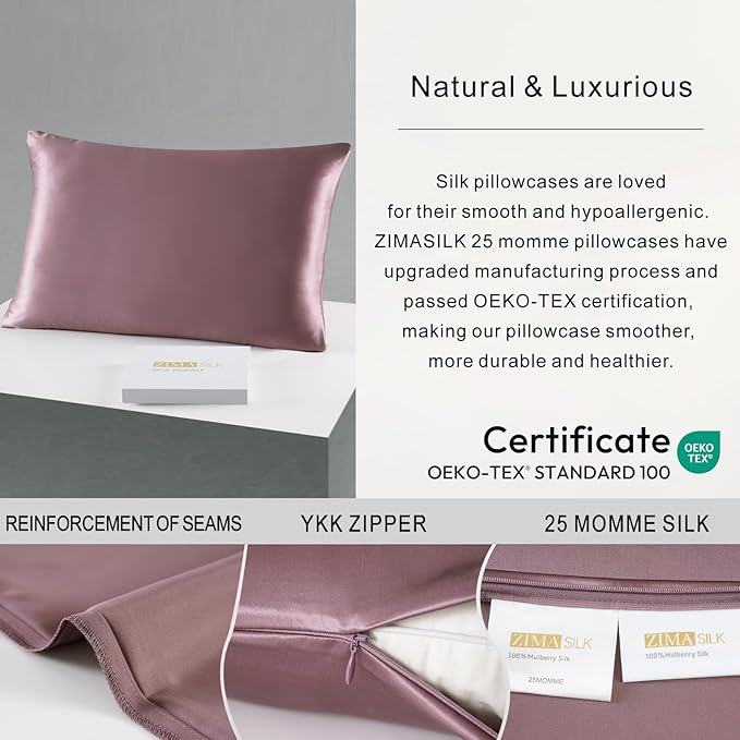 ZIMASILK 25 Momme 100% Pure Mulberry Silk Pillowcase for Hair and Skin Care, Highest Grade 6A Pillow Cases for Women, Long-Lasting Durablity, Gift for Women Men, 1Pc (King 20"x36", Grey Purple)
