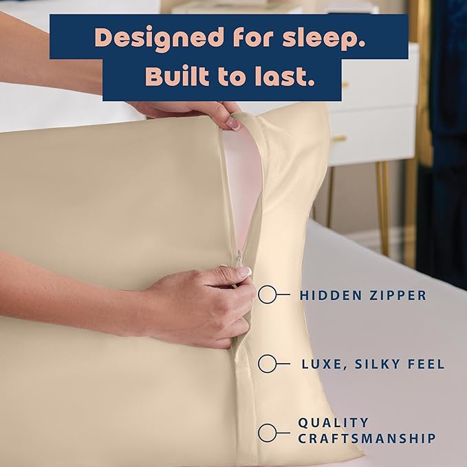 BLISSFORD Satin Pillowcase with Zipper, for Hair and Skin Care, Feels Soft and Cool Like a Silk Pillowcase, Satin Pillow Cases 2 Pack, Slik Pillow Cover, Light Beige - Standard Size, Set of 2