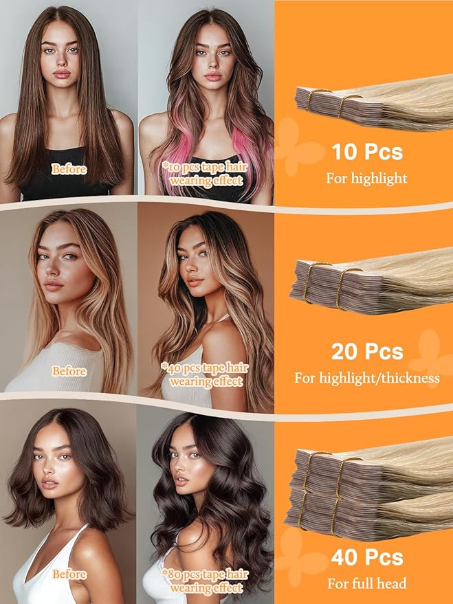 DOORES Hair Extensions Human Hair, Drity Blonde Highlight Golden Blonde 20pcs 50g 22 Inch, Human Hair Extensions Tape in Straight Hair Real Human Hair