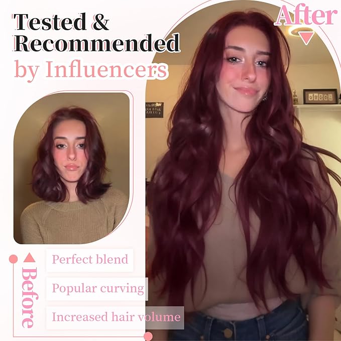 KooKaStyle Burgundy Clip in Hair Extensions for women Synthetic Heat Resistant 4PCS Thick Long Wavy Hairpieces 24 Inch