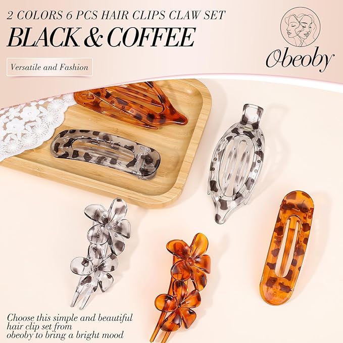 Obeoby 6 Pcs Flat Hair Clips for Women, 3 Types French Flat Claw Clips Hair Accessories Barrettes Large Medium Stocking Stuffers Christmas Gifts (Tortoiseshell)