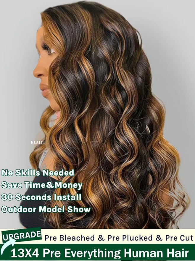 KLAIYI Pre Everything 13x4 Glueless Wig Ombre Brown Body Wave Pre Cut Lace Front Wigs Human Hair Pre Plucked Pre Bleached Wear and Go Wig with Dark Roots 12A Highlight Balayage 3S Ready To Wear 18Inch
