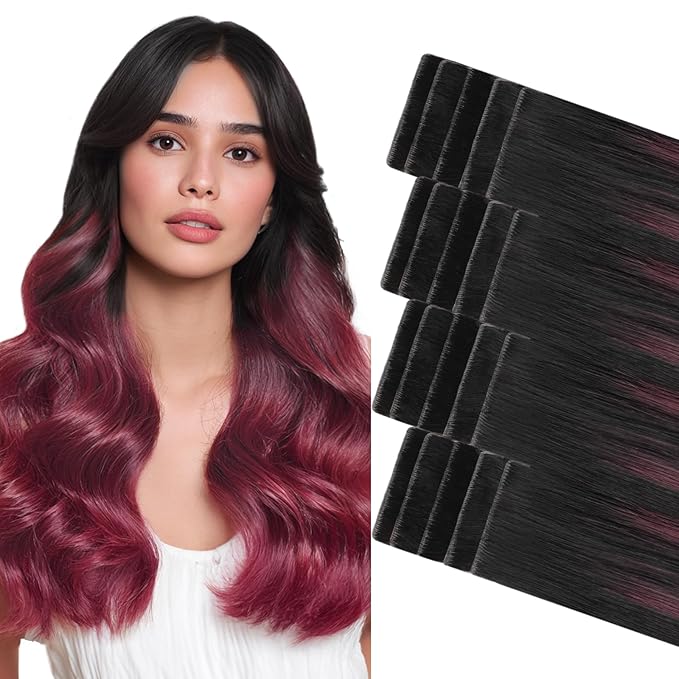 GOO GOO Invisi Edge Tape in Hair Extensions Human Hair, 1/99 Balayage Jet Black to Red, 20pcs 24inch 50g, Virgin Remy Hair, Seamless Injected Tape, Natural Look