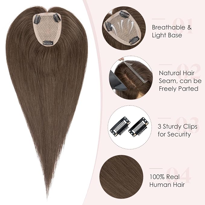 Hairro Human Hair Toppers Free Parted, 3.5x4.7" Base Hand-wovened 100% Real Hairpieces, with Invisible Clips-in for Women, for High Hairline/Adding Volume on Top, 12 Inch Cocoa Brown
