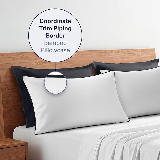 Kickoff Viscose Bamboo Pillowcase, Queen, Set of 2, 100% Organic Hidden Zippered Viscose Bamboo Pillow Case Queen Size, Cooling Pillow Cover for Hot Sleepers (20"x30", Trimmed, Onyx Black)