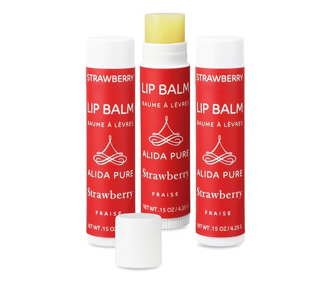 Strawberry Lip Balm Collection, Vegan Lip Balm Set, Beeswax Free, with Avocado Oil, Organic Jojoba Oil, and Vitamin E, Natural Moisturizer for Dry, Chapped Lips, 3 Tube Set