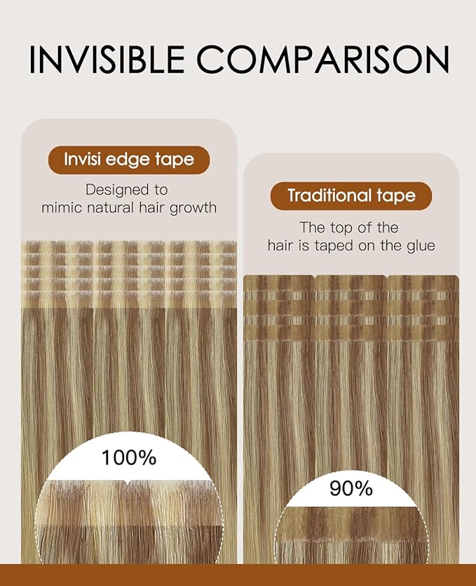 VINBAO Invisi Edge Tape in Hair Extensions Ash Blonde Highlights Blonde Balayage Injection Tape in Human Hair Extensions Natural Cheveux Humain 45g 20pcs 16inch #10/16/16