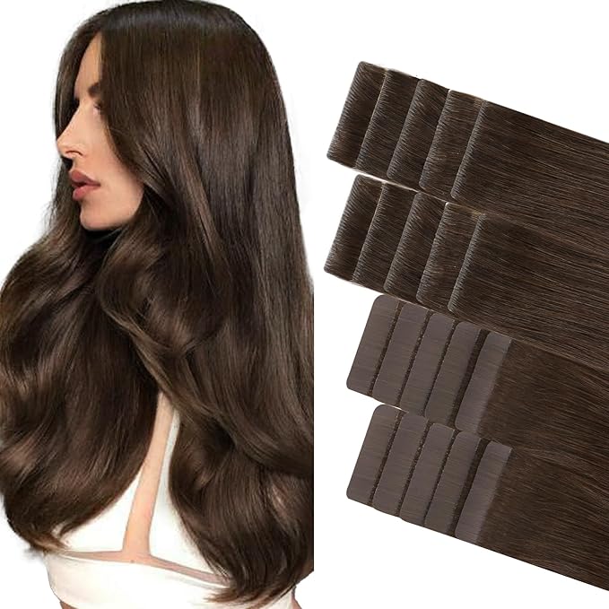 GOO GOO Invisi Edge Tape in Hair Extensions Human Hair, 4A Chocolate Brown 10pcs injected with 10pcs classical tape ins, 22inch 50g, Virgin Remy Hair, Natural Look
