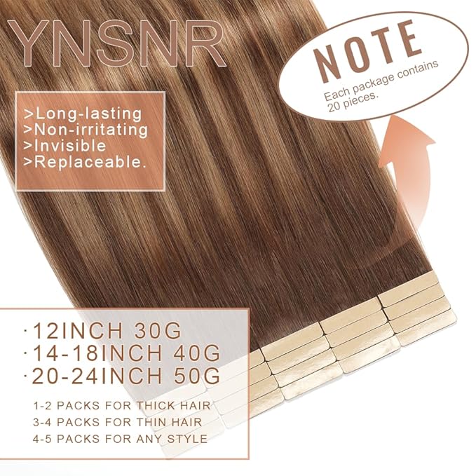Chocolate Brown to Caramel Blonde Tape in Hair Extensions Human Hair,14 Inch Human Hair Tape in Extensions 20Pcs Human Hair for Women Seamless Real Human Hair