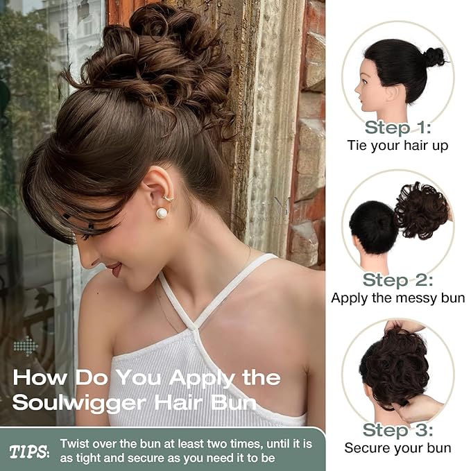 Messy Bun Hair Piece Wavy Curly Scrunchies Fluffy Donut Thick Updo Elegant Chignon Hairpieces for Women Girls, Light Chestnut Brown 1.4oz