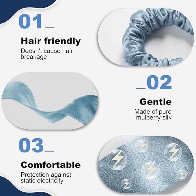 1 Piece Silk Bow Scrunchies for Hair-100% Pure Mulberry 22 Momme Silk Hair Tie, Elastic Ponytail Holder, Elegant Soft Bow Hair Ties Band for Women Hair Care, Multiple Colours (MIST BLUE)