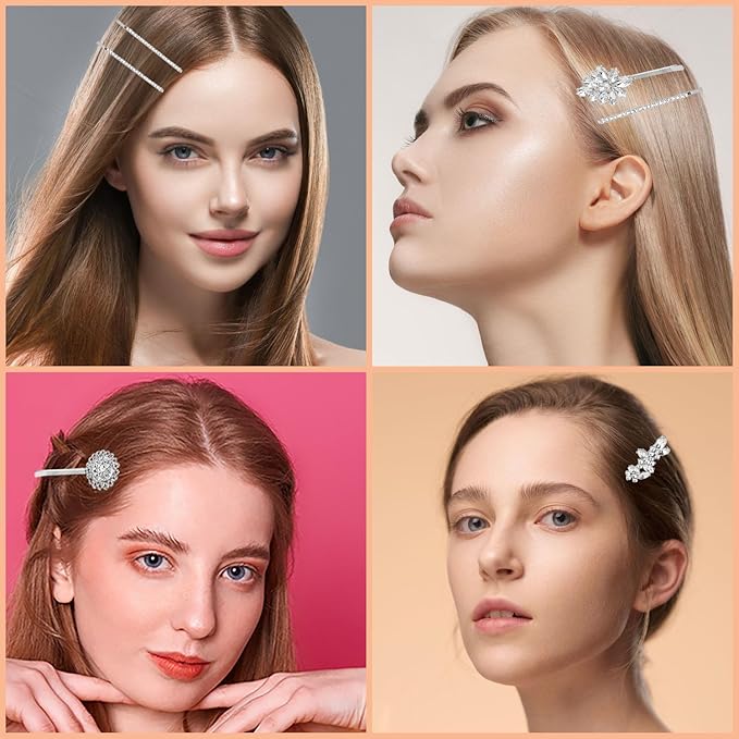 10 Pieces Rhinestone Hair Clips, Crystal Bobby Hair Pins Decorative Rhinestone Hair Barrettes for Wedding, Leaf Feather Sunflower Hair Clips Metal Hair Accessories for Women,4 Styles (silver)