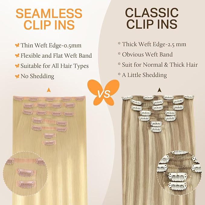 DOORES Clip in Hair Extensions Human Hair, Dirty Blonde Mixed Platinum Blonde 14 Inch 130g 9pcs, Invisi Edge Hair Extensions Seamless Clip in Hair Extensions Real Straight Natural Hair