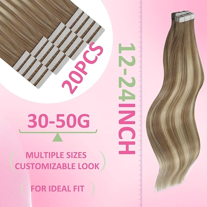 YoungSee Invisible Tape in Extensions Human Hair Brown Balayage Tape in Hair Extensions Ombre Light Brown to Blonde Tape-on Hair Extension 22Inch Natural Hair Extension for Wedding 20pcs 50g