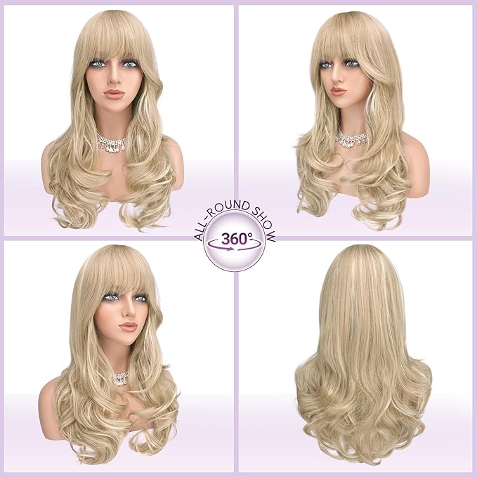 Haloo Blonde Wigs with Bangs Long Wavy Layered Haircut Natural Looking Fluffy Synthetic Heat Resistant Hair Wig for Women Daily Party, 24 Inch Dirty Blonde