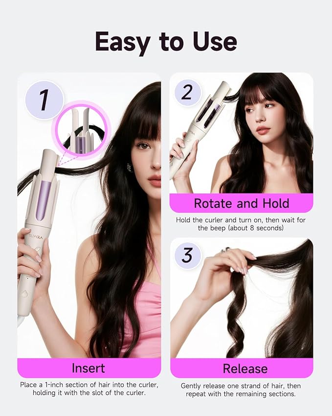 Automatic Hair Curler, 1 1/4 Inch Rotating Curling Iron with 3 Temp, 500 Million Ionic, 2-Way Rotation,10S Fast Heating, Anti-Scald, Anti-Tangle Rotating Curling Wand for Long Hair
