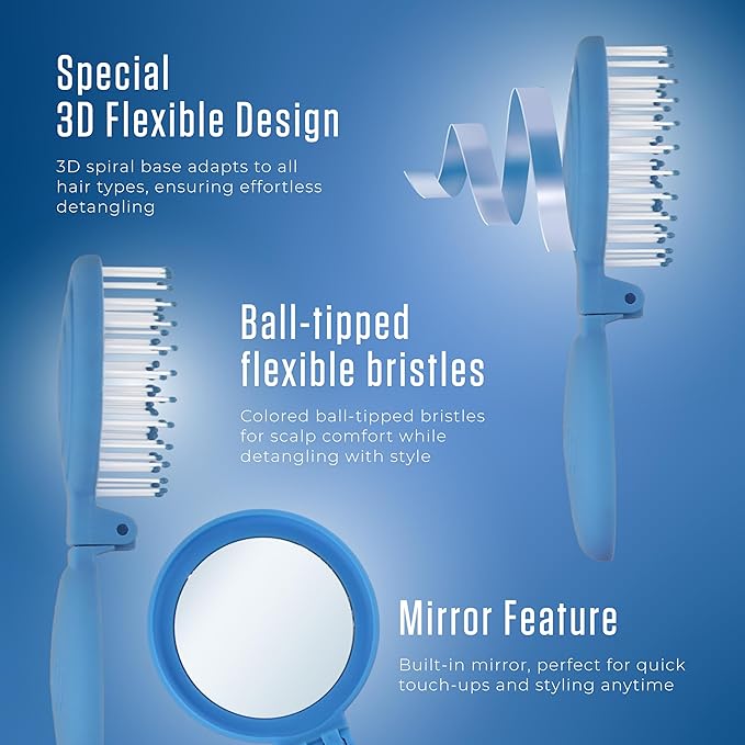 Mini Detangler Travel Hair Brush with Mirror, Makaron Hair Brushes for Women, Men and Kids, Unique 3D Flexible Design for All Hair Types, Styling Accessory, Travel Essentials for Women (DARK BLUE)