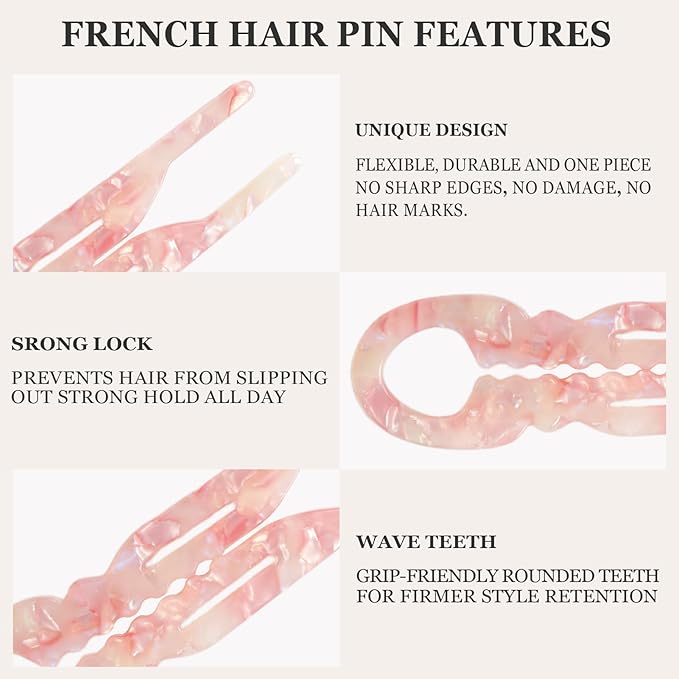 Sunolga 3pcs Prestige French Hair Pins for Women, 4.38" Large, Serrated Anti-Slip Design, Curved Shape for Better Head Fit, Coquette Elegant Hair Accessories for Updos, Chignon, Bun Hairstyles