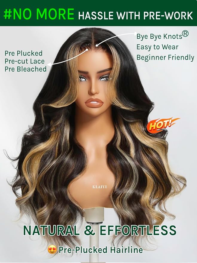 KLAIYI Ombre Highlight Blonde Loose Body Wave Bye Bye Knots Glueless Wigs Human Hair 7x5 Precut Lace Front Pre Plucked Bleached Ready to Wear Go Wig with Face Framing Curtain Bang Caramel Brown 16Inch