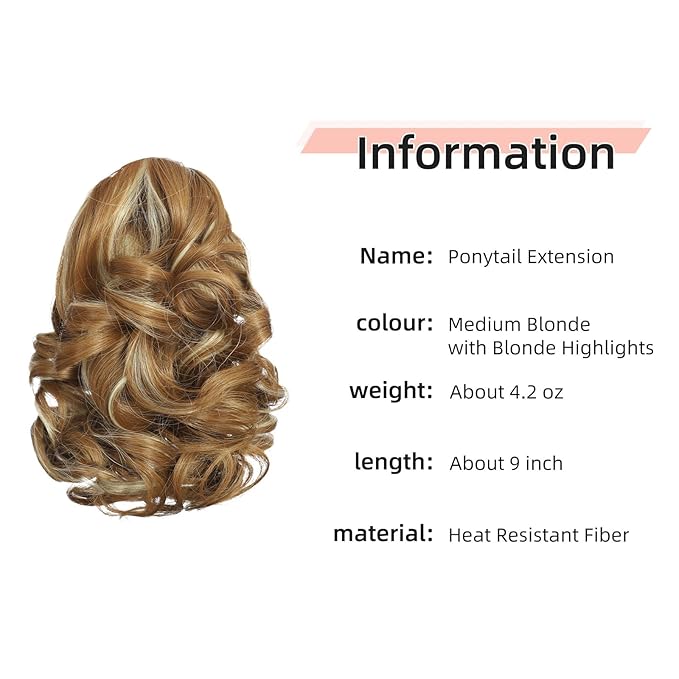 Ponytail Extension, Clip on Ponytails for Women, 9" Claw Clip in Short Curly Wavy Pony Hair Extension for Women - Medium Blonde with Blonde Highlights