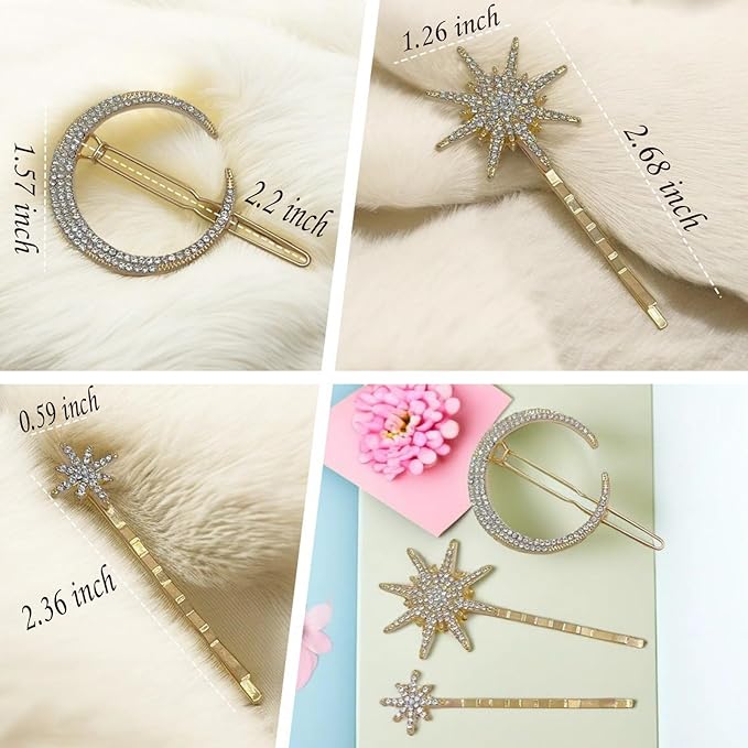 6 Pieces Rhinestone Stars Moon Hair Clips Vintage Star Hairpins Crystal Decorative Bobby Pins Metal Alloy Hair Pins Snowflake Side Clip Hair Accessories for Women Girls (Gold)