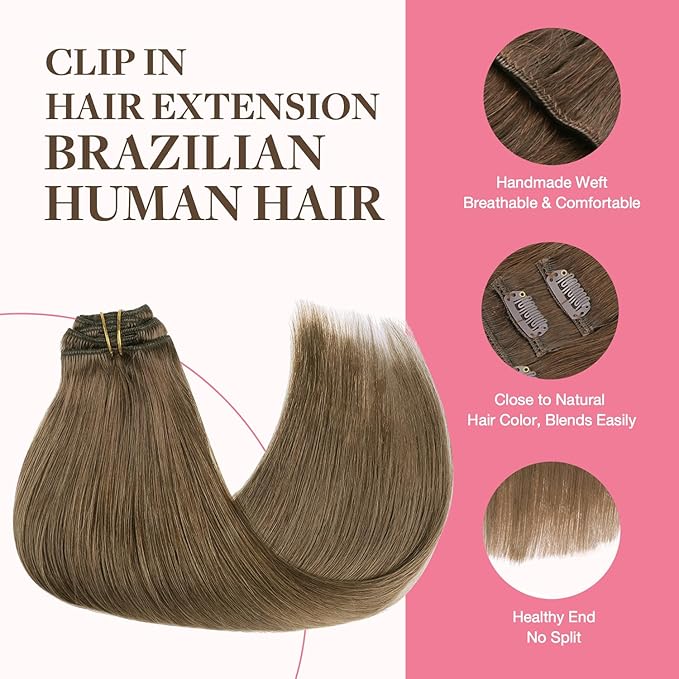 GOO GOO Clip in Hair Extensions Real Human Hair, Remy Human Hair Extensions Clip ins for Women, Natural Human Hair, 18inch 150g 9Pcs, 5 Light Ash Brown