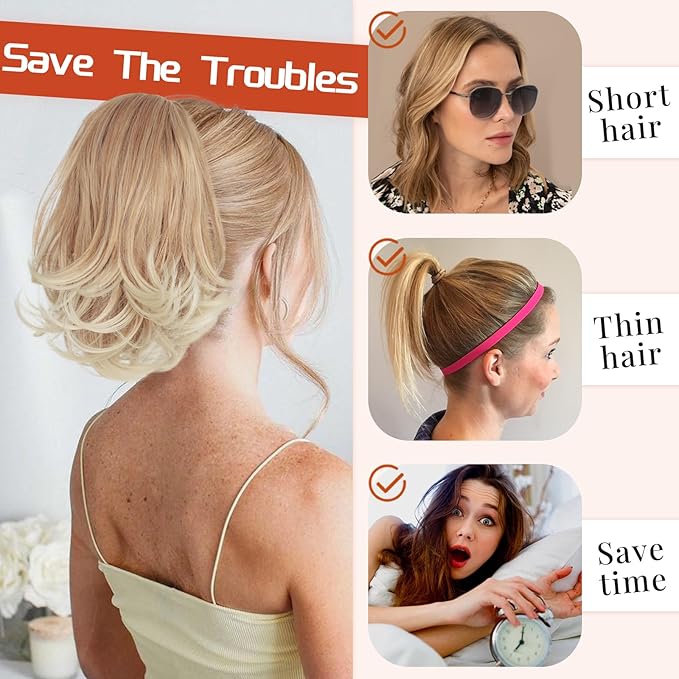 KooKaStyle Ponytail Extension, 10" Short Claw Clip in Pony Tails Hair Extensions Curly Wavy Synthetic Drawstring Hairpieces for Women(Honey Blonde and Dark Blonde Tips)