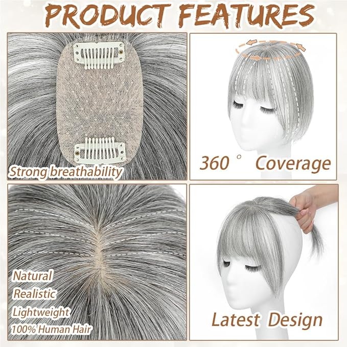 Amchoice Hair Toppers for Women Real Human Hair, Bangs Hair Clip 360° 3D Cover Bangs, Human Hair Toppers for Women Daily(Gray, 3D French Bangs (5 * 9))