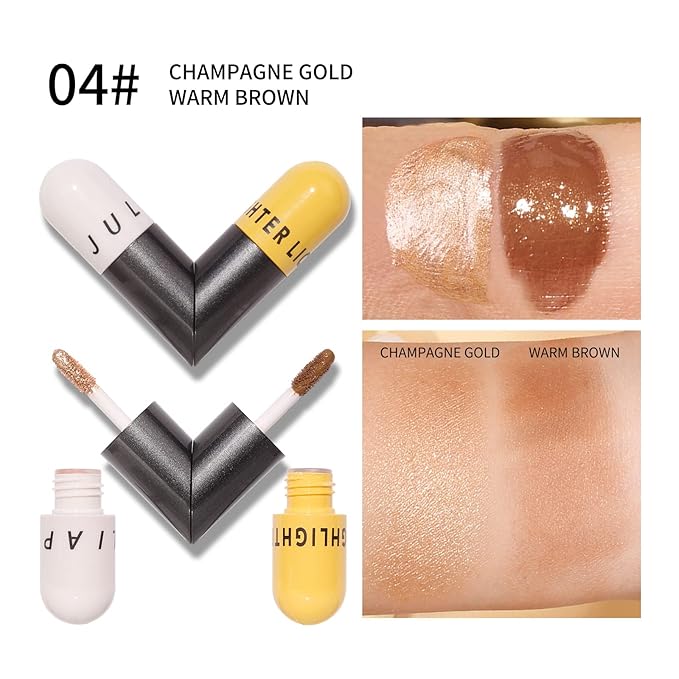 AKARY Liquid Highlighter Makeup for Face Body, Contour Foundation Illuminator Boom Stick, Two-color Highlight Shade Longwear Shimmer Glow Makeup, Valentine's Day gift (04 Champagne Gold + Warm Brown)