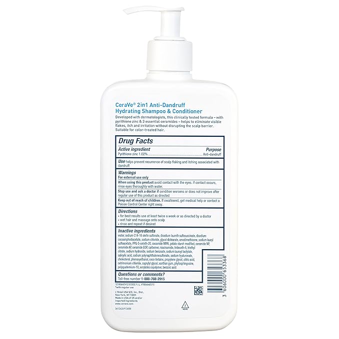 CeraVe 2 In 1 Hydrating Anti Dandruff Shampoo And Conditioner, 1% Pyrithione Zinc Dandruff Treatment, Color Safe & Sulfate Free Shampoo And Conditioner, Helps Eliminate Dandruff & Relieve Itchy Scalp