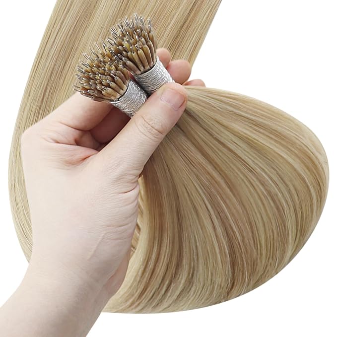 YoungSee Nano Hair Extensions Highlight Ash Brown with Golden Blonde Nano Bead Hair Extensions Human Hair for Women Cold Fusion Nano Tips Human Hair Extension Blonde Short Hair 14inch 50grams/pack