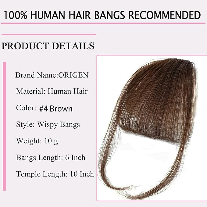 ORIGEN Clip in Bangs Real Human Hair Clip on Wispy Bangs Fringe with Temples Hairpieces Fake Front Bangs Extensions for Women Medium Brown Hair Color